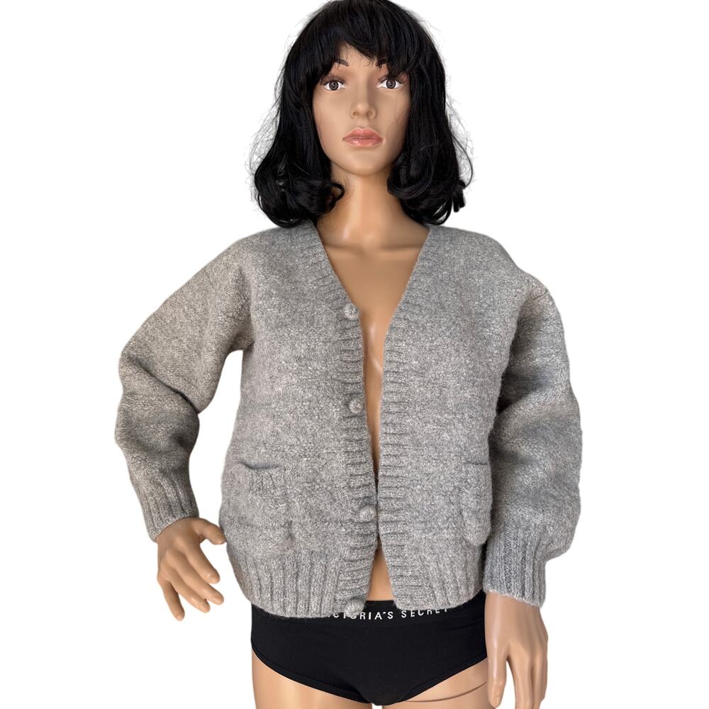 Peruvian Alpaca V neck Sweater in gray faux button down, side pockets medium